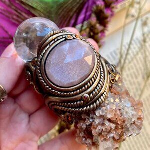 Artisan Faceted Peach Moonstone Sputnik Aragonite Cluster Clear Quartz Pendant